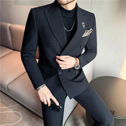 (Jacket + Pants) Fashion Double Breasted Design Slim Men's Suit Italian Style Luxury Wedding Social Party Tuxedo 2 Piece Sets