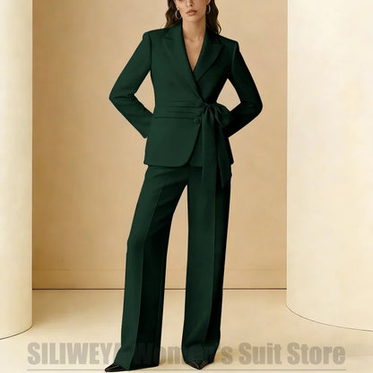 Women's Suit 2 Piece Bow Belt Design Formal Outfit for Wedding Party Prom Office Fashion Peak Lapel Daily Casual Lady Suits