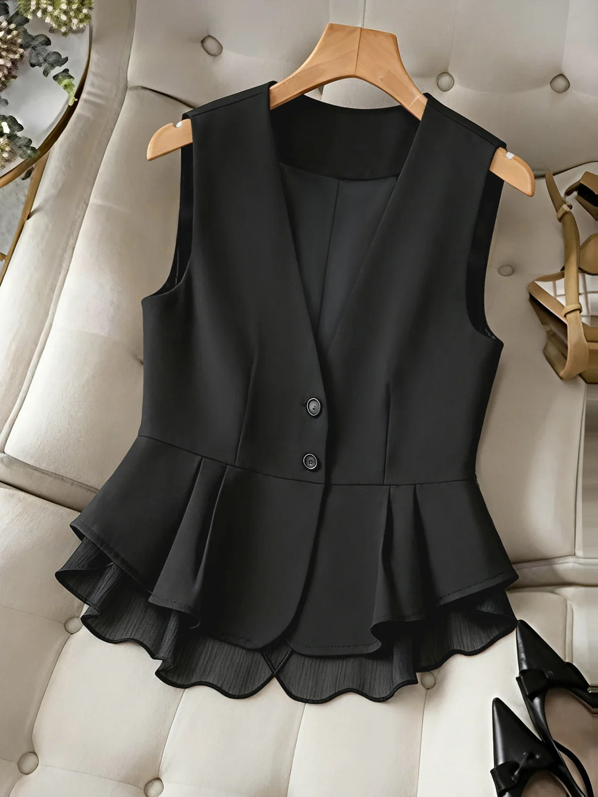 Women's Elegant V-Neck Peplum Vest, Sleeveless Button Down Blazer Waistcoat with Layered Chiffon Hem for Business Casual Office