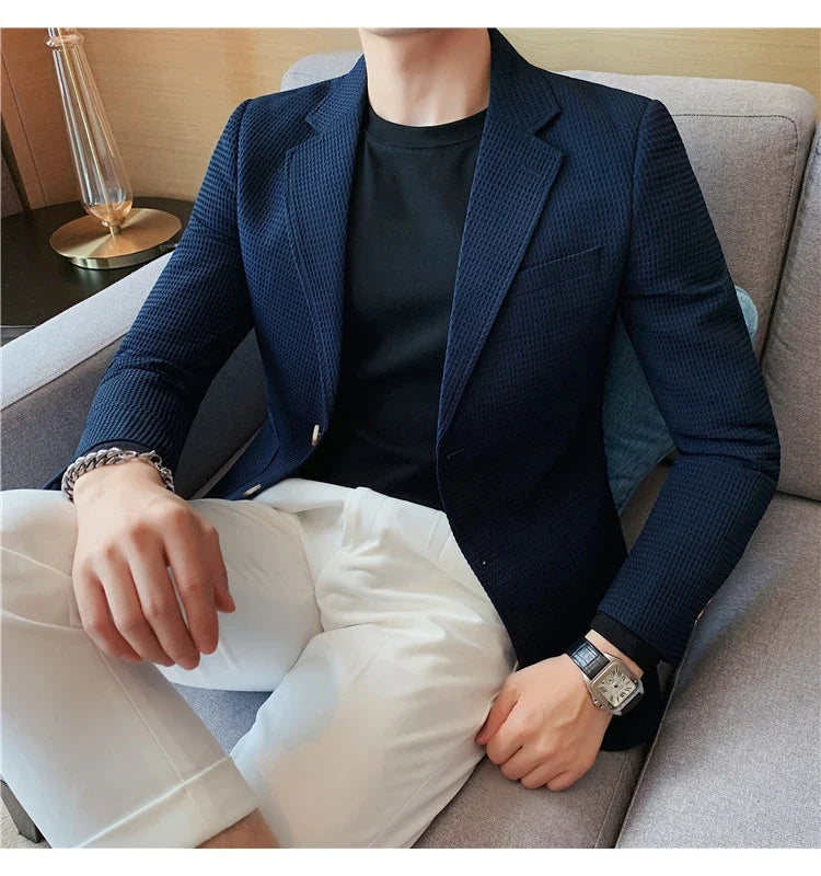 2025 Spring New Waffle Suit Coats Men Slim Fit Business Casual Blazer Jacket Homme Formal Groom Prom Wedding Tuxedo 4XL-M