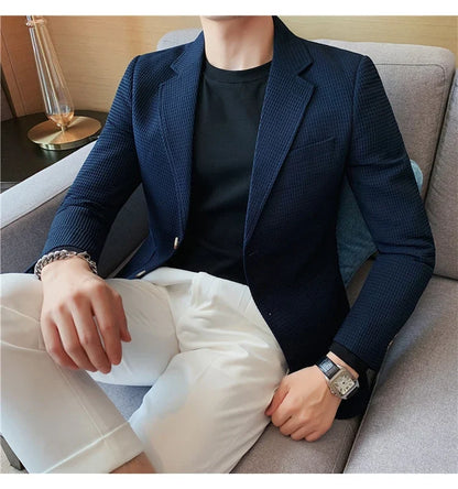 2025 Spring New Waffle Suit Coats Men Slim Fit Business Casual Blazer Jacket Homme Formal Groom Prom Wedding Tuxedo 4XL-M
