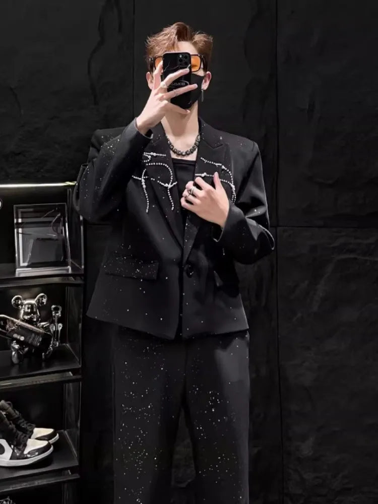 Party Mens Black Suits Sets Fashion Rhinestone Pearls Short Blazers Jacket High Waist Straight Pants Korean Style Two Piece Set