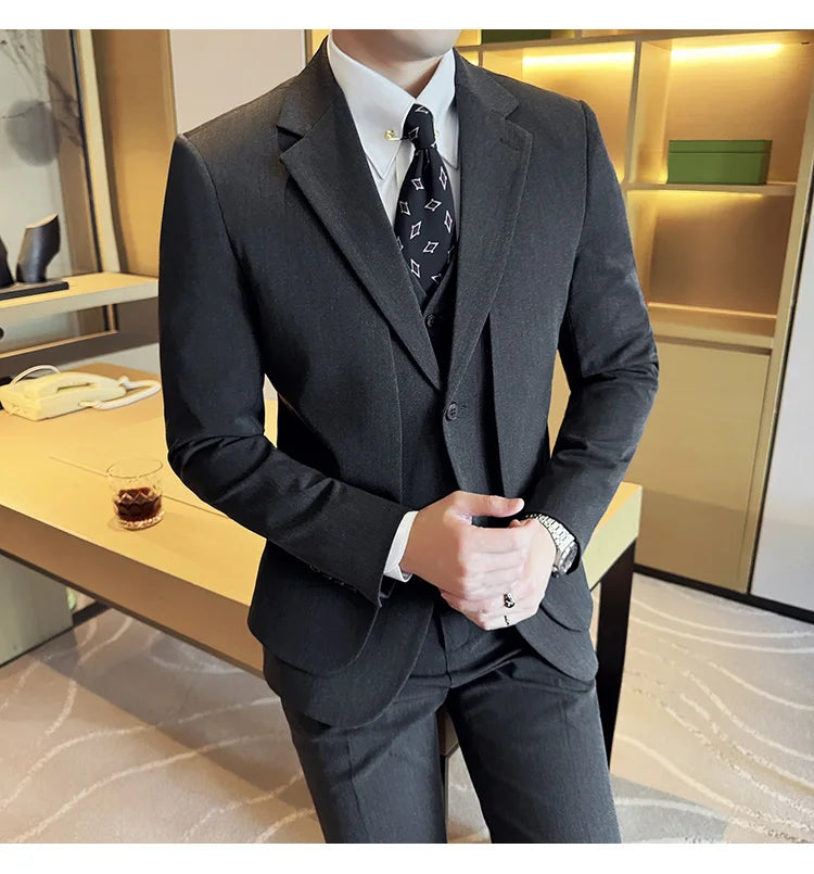 British Style Fake Two-piece Suit Set Men's Wedding Groom Dress 3 Piece Set Suit Vest Trousers Slim Office Business Casual Suits
