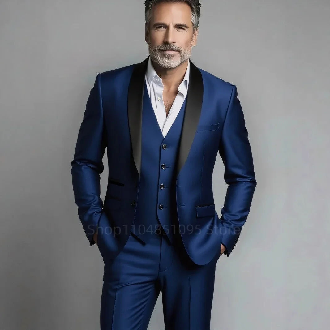 Classic Style 3 Piece Slim Fit Green Men Suit Groom Tuxedos Shawl Lapel Single Breasted Blazer Vest Pants Set Party Men Clothing