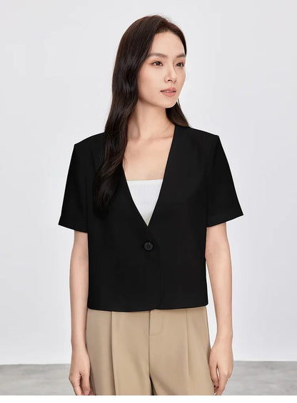 Solid Color Women's Jackets 2026 New Formal Cropped V Neck Single Button Short Sleeve Commuting Outerwear 152X87886