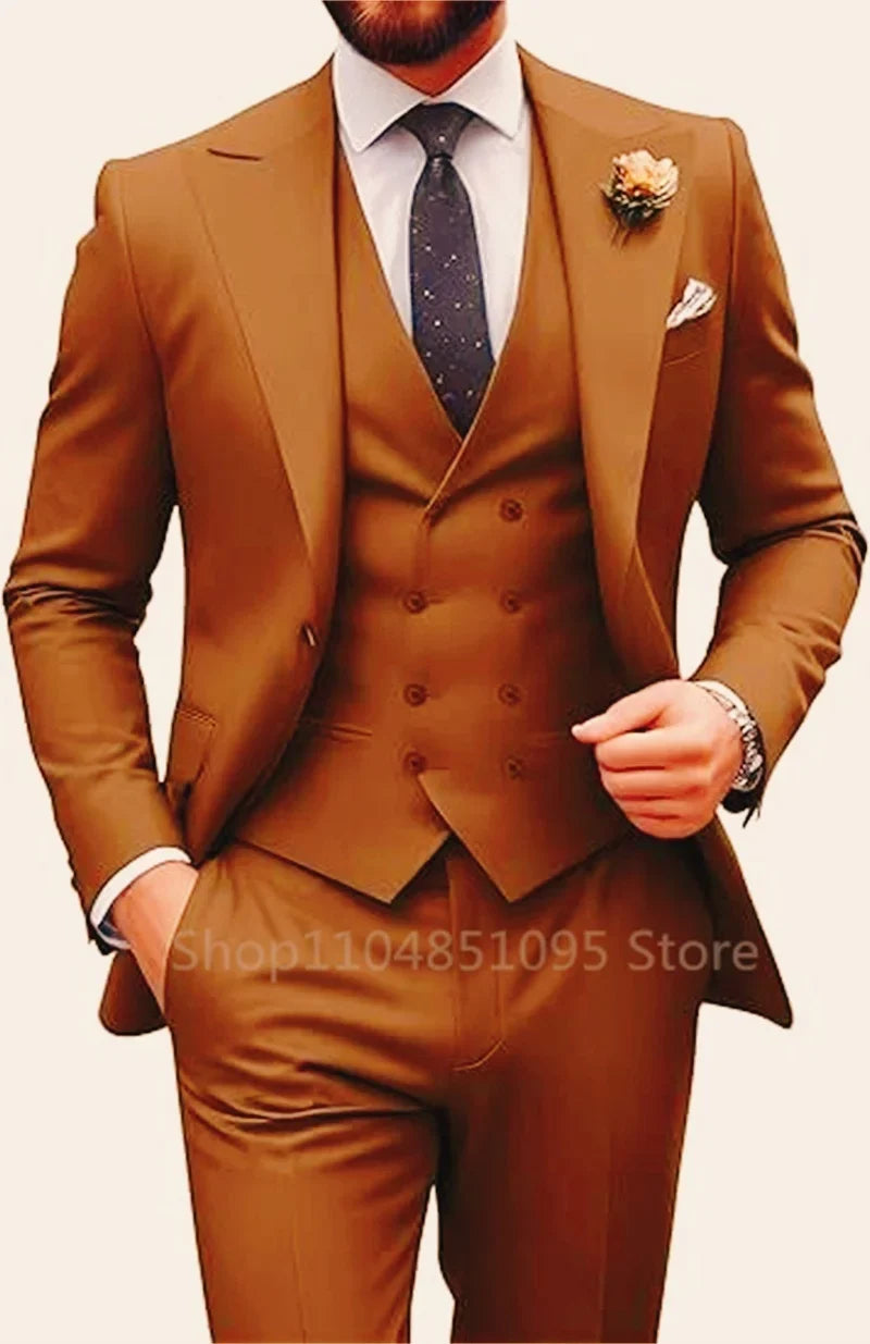 Costume de mariage beige 3 pièces pour homme, coupe slim, blazer, gilet et pantalon élégants, pour bal de promo ou cérémonie