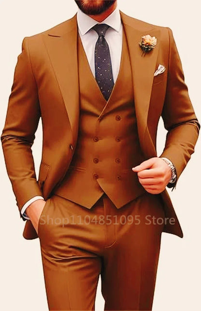 Costume de mariage beige 3 pièces pour homme, coupe slim, blazer, gilet et pantalon élégants, pour bal de promo ou cérémonie