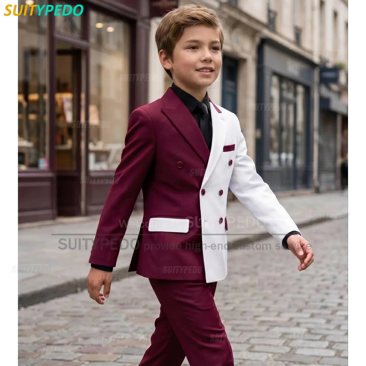 Fashion White And Burgundy Splicing Suit Sets For Boys School Activities Children Host Slim Fit Outfit Classic Blazer Pants 2Pcs