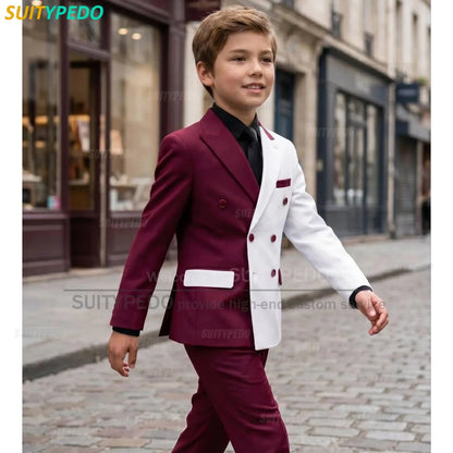 Fashion White And Burgundy Splicing Suit Sets For Boys School Activities Children Host Slim Fit Outfit Classic Blazer Pants 2Pcs