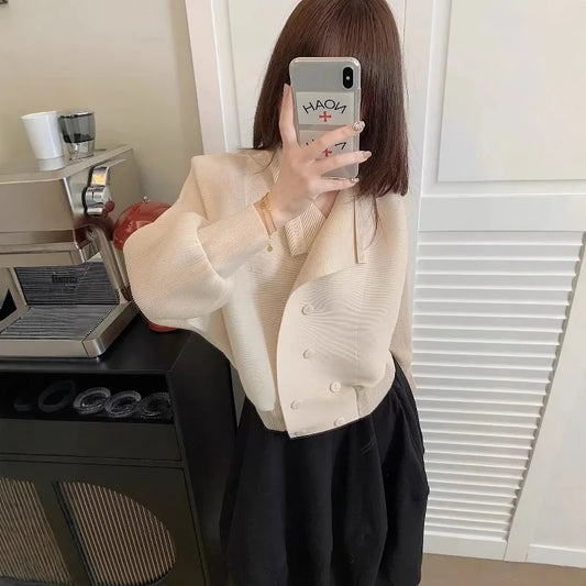 Pleated 2026 New Spring Summer Double-Breasted Lapel Long Sleeve Cardigan Casual Waist-Cinched Short Jacket Top for Women