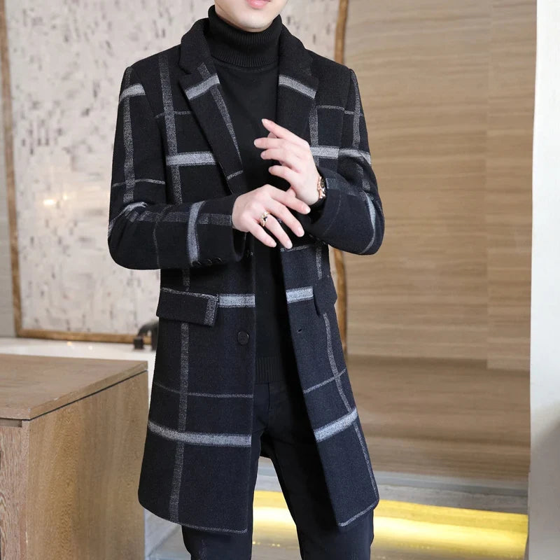 Korean Fashion Woolen Coat Men's Mid-Length Slim-Fit Trench Youth Business Casual 2023 Autumn Winter New Style