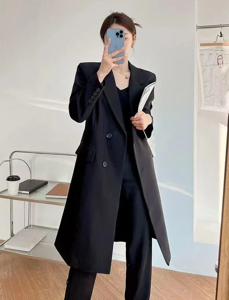 Elegant Women's Basic Solid Color Single Breasted Loose Casual Long Suit Jacket 2025 Spring Autumn Premium Trench Black Coat