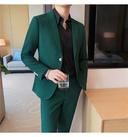 2025 New Waffle Blazers +Pant 2 Piece Set Men Fashion Business Slim Fit Solid Tuxedo Groom Wedding Prom Wear Casual Men's Sets