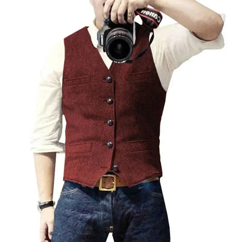 Men's Waistcoat Herringbone Wool Blend V-Neck Single Breasted Vest for Weddings and Smart Casual