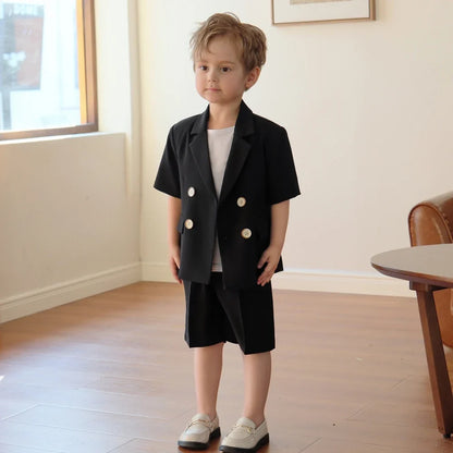 Summer Kids Clothes Fashion Notch Lapel Double Breasted Wear Short Sleeved Tops and Shorts Casual Formal Daily Boys Suits