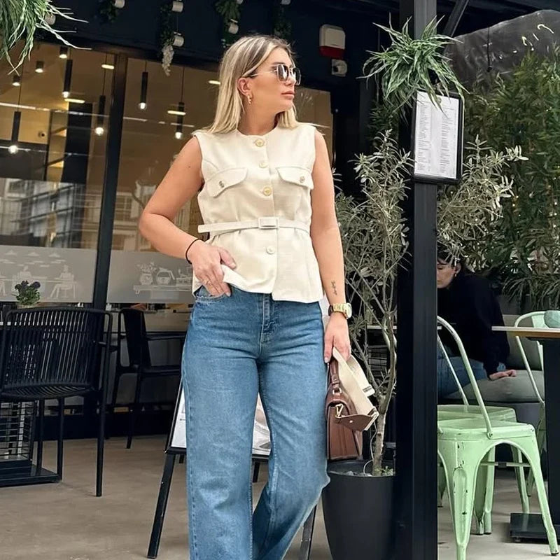 2025 Women's Vest Jackets Cropped Sleeveless Vest Woman Outerwears Belt Summer Casual Coats Black Pink Vest Button Jacket