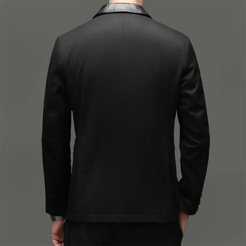 Men's Blazer Suede Cowhide Patchwork Single Breasted Smart Casual Autumn Winter