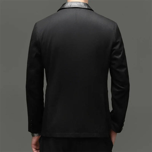 Men's Blazer Suede Cowhide Patchwork Single Breasted Smart Casual Autumn Winter