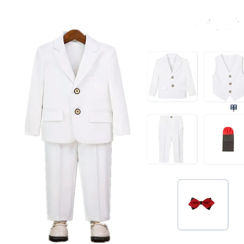 Boys Pure Pink Jacket Vest Pants Bowtie+Pocket Cloth 5pcs Wedding Birthday Outfit Kids Formal Piano Host Performance Costume