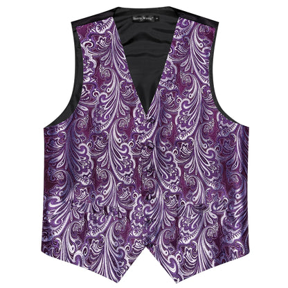 Men's Suit Vest 4-Piece Set – Black Glossy Floral Jacquard Waistcoat for Wedding & Formal Occasions