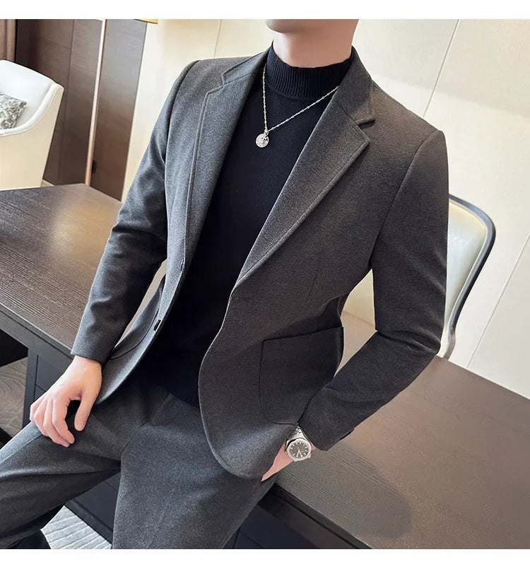 Plus Size 7XL-M ( Jacket+Pant）Autumn Winter Thickened Starry Sky Woolen Suit High Quality Slim Fit Business Social Casual 2 Pcs