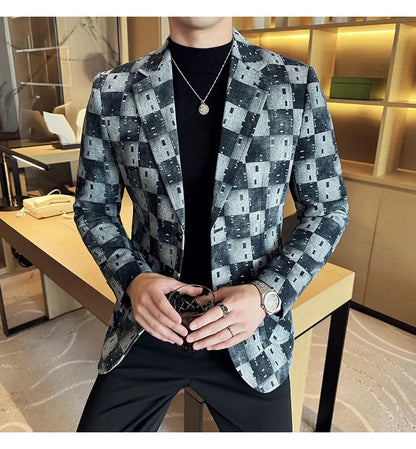 Korean Jacquard Denim Jacket for Men Autumn Winter Casual Business Men Blazers Slim Fit Wedding Social Dress Coat Men Clothing