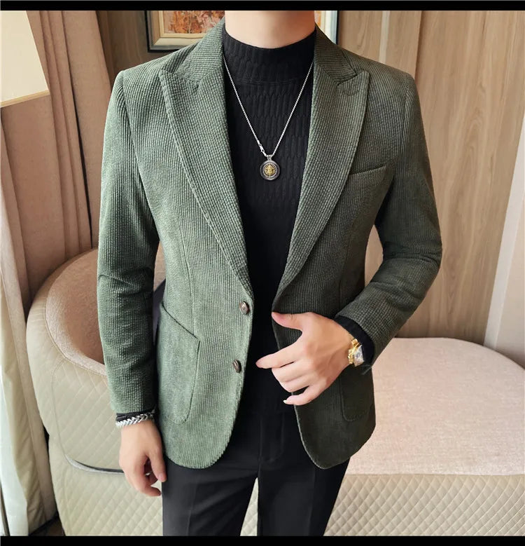 Men's Smart Casual Single Breasted Blazer – Spring Autumn Jacket in Green, Black & Coffee