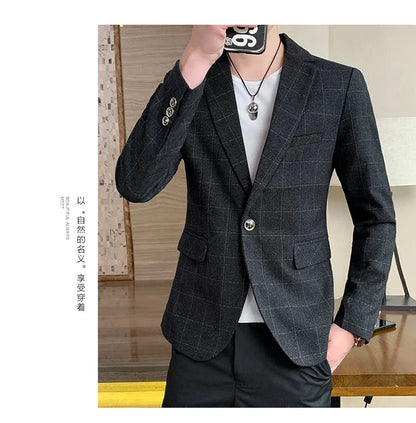 Men's  Slim Fit Business Suit Jacket Casual High-End Polyester Korean Style Top for Handsome Fashionable Look