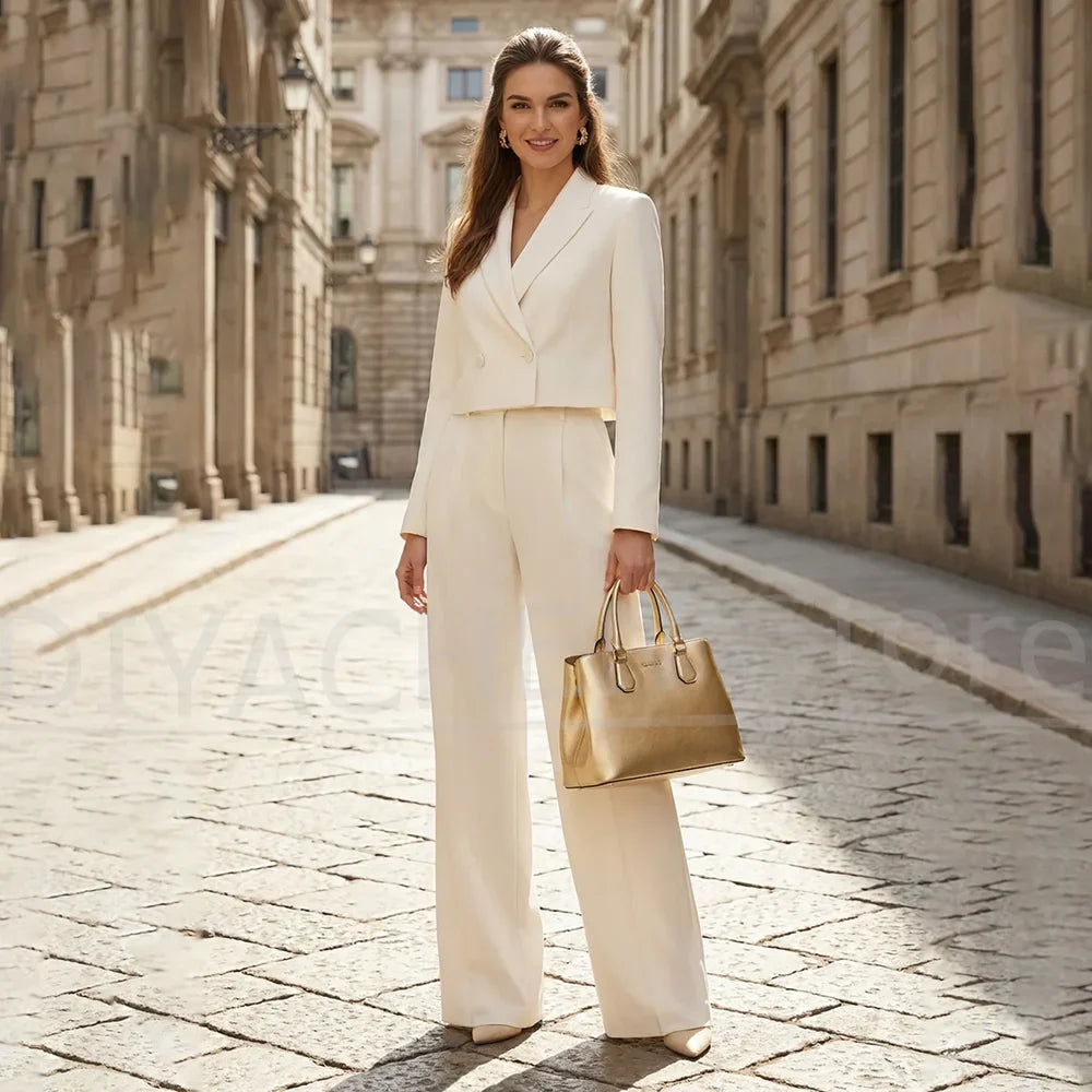 Women Short Blazer Suit 2 Piece Chic Peak Lapel Long Sleeve Jacket with Wide Trousers Set Daily Work Lady Fashion Outfit