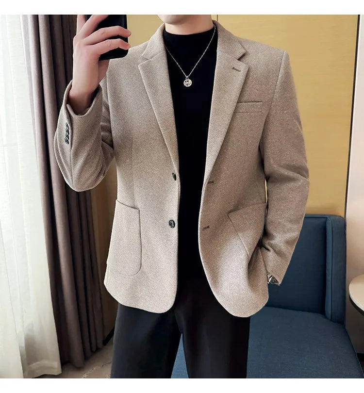 High Qualitys Thickened Wool Suit Jacket Autumn Winter New Luxury Solid Color Formal Men Business Slim Fit Social Party Tuxedo