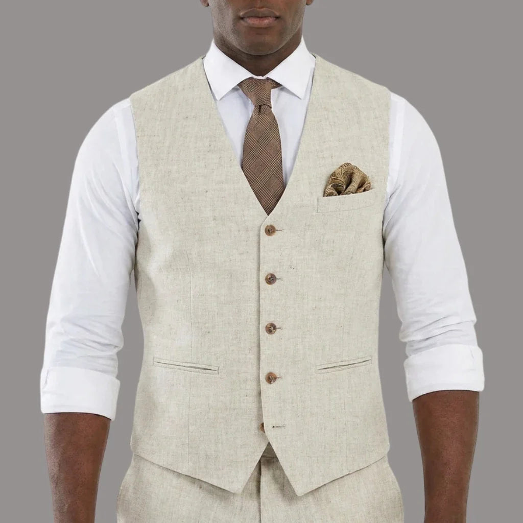 Men's Linen Vest Waistcoat for Wedding & Party – Beige V-Neck Smart Casual