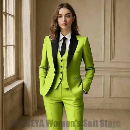 Women Royal Blue 3 Piece Tuxedo Suit Blazer Vest Pants with Black Lapel Slim Fit Formal Party Business Office Outfit