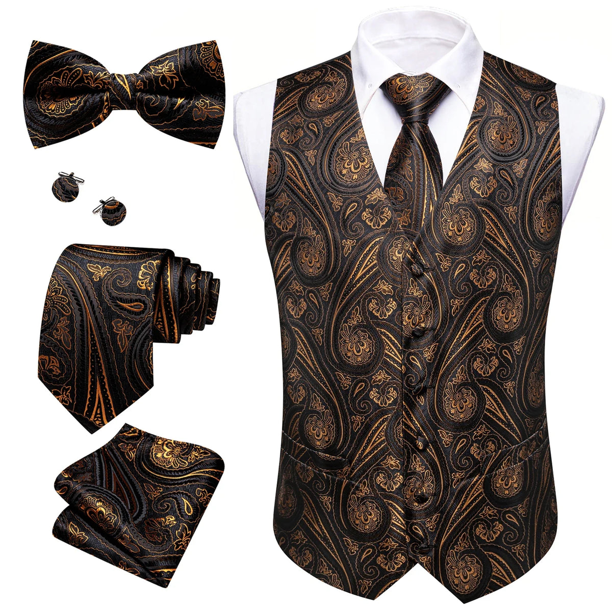 Men's Jacquard Suit Vest Set with Tie, Bow Tie, Pocket Square & Cufflinks – Wedding & Formal