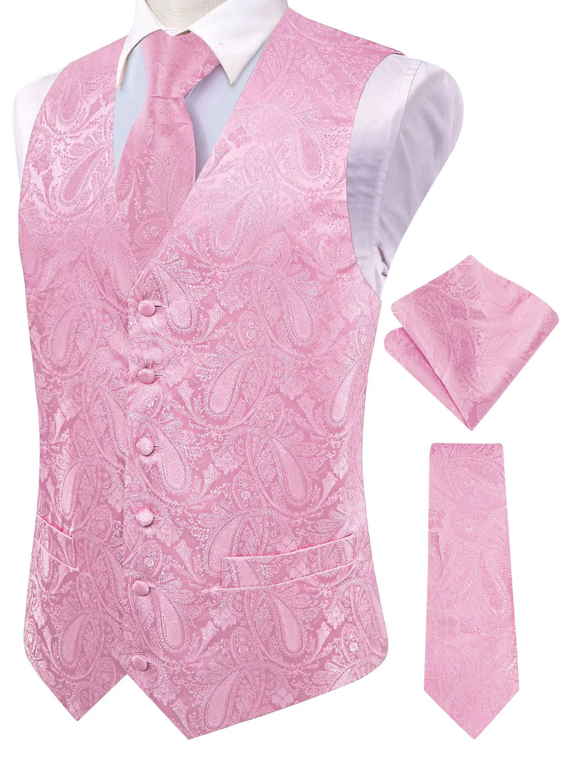 Men's Paisley Jacquard Suit Vest – V-Neck 6-Button Waistcoat with Tie & Pocket Square for Weddings