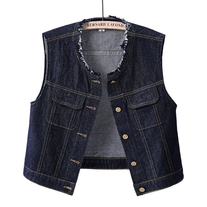 Women Denim Vest Coat Rough O Neck Vintage Short Sleeveless Jacket Female Cowboy Waistcoat Casual Tops Chaleco Mujer Outerwear