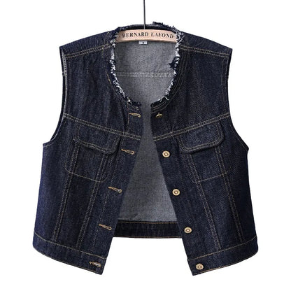 Women Denim Vest Coat Rough O Neck Vintage Short Sleeveless Jacket Female Cowboy Waistcoat Casual Tops Chaleco Mujer Outerwear