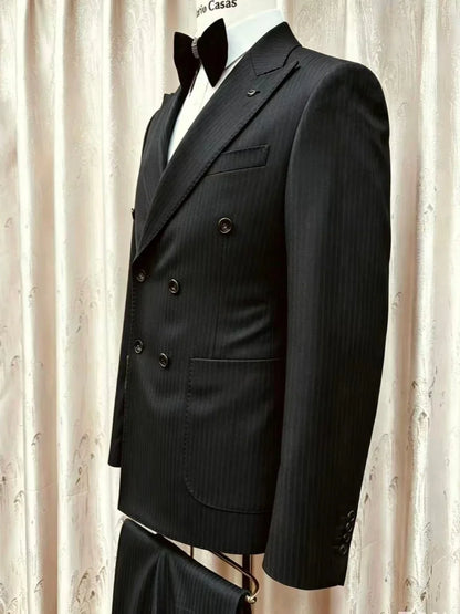 Men Black Pinstripe Suit Set 2 Pieces Business Formal Party Outfit Double Breasted Men's Premium Tuxedo Wedding Party Suit