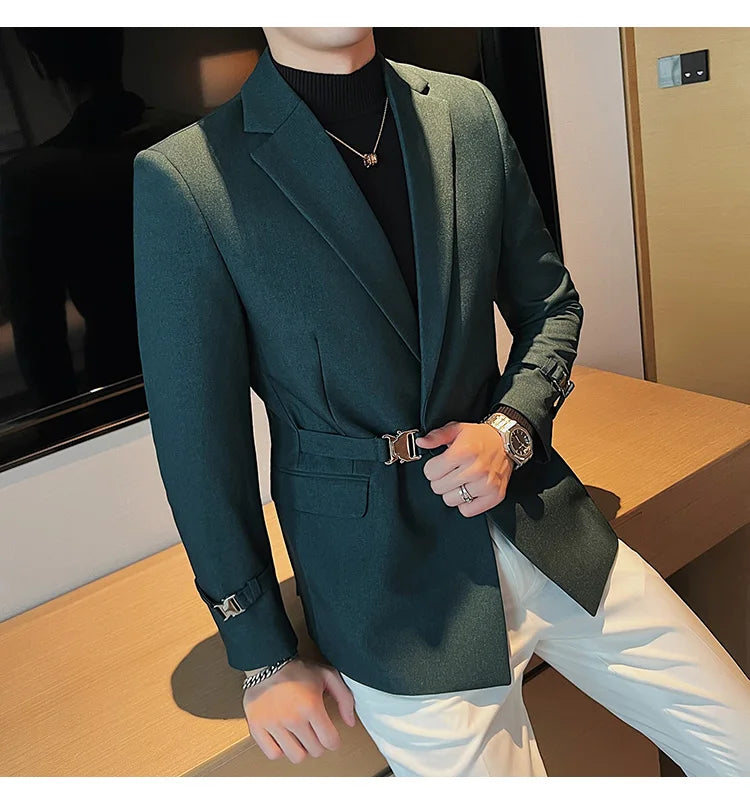 Men's Slim Fit Blazer Metal Buckle Decoration Smart Casual Wedding Party Jacket