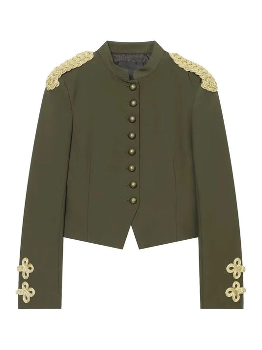 Women Vintage Military Cropped Blazer Braided Epaulet Metal Button Long Sleeve Short Jacket Elegant Autumn Outerwear