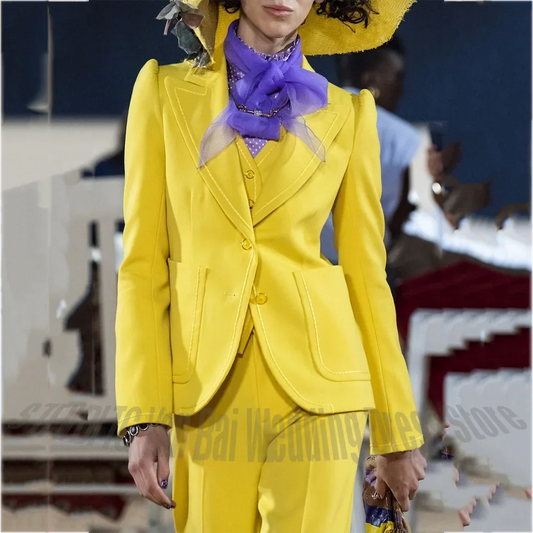 Solid Yellow Unique Design Women's Suits Peaked Lapel Single Breasted Casual Fashion Clothes Set Three Pieces Customized
