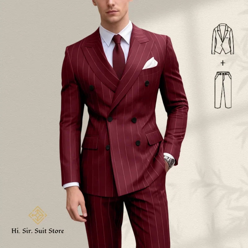 Men's 2-Piece Slim Fit Double-Breasted Striped Suit Set for Men – Wedding, Business & Formal Occasions