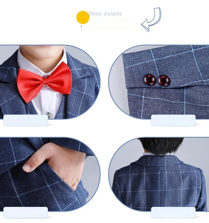 Boys 4Pieces Blue Plaid Suit Set With Jacket Vest Pants Bowtie Kids Formal Wedding Birthday Performance Photography Outfit