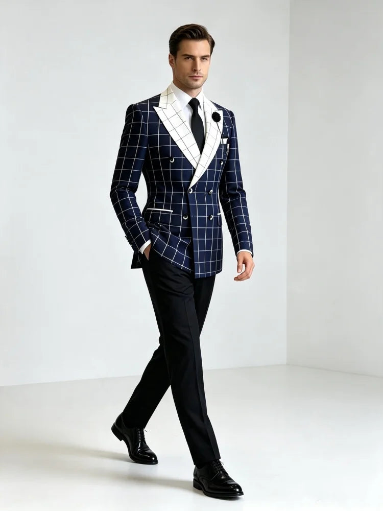 Men's Contrast Double Breasted Business Blazer Check Peak Lapel Slim Fit Suit Jacket Wedding Fashion Party Formal Outerwear