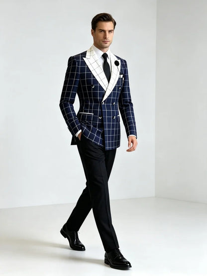 Men's Contrast Double Breasted Business Blazer Check Peak Lapel Slim Fit Suit Jacket Wedding Fashion Party Formal Outerwear