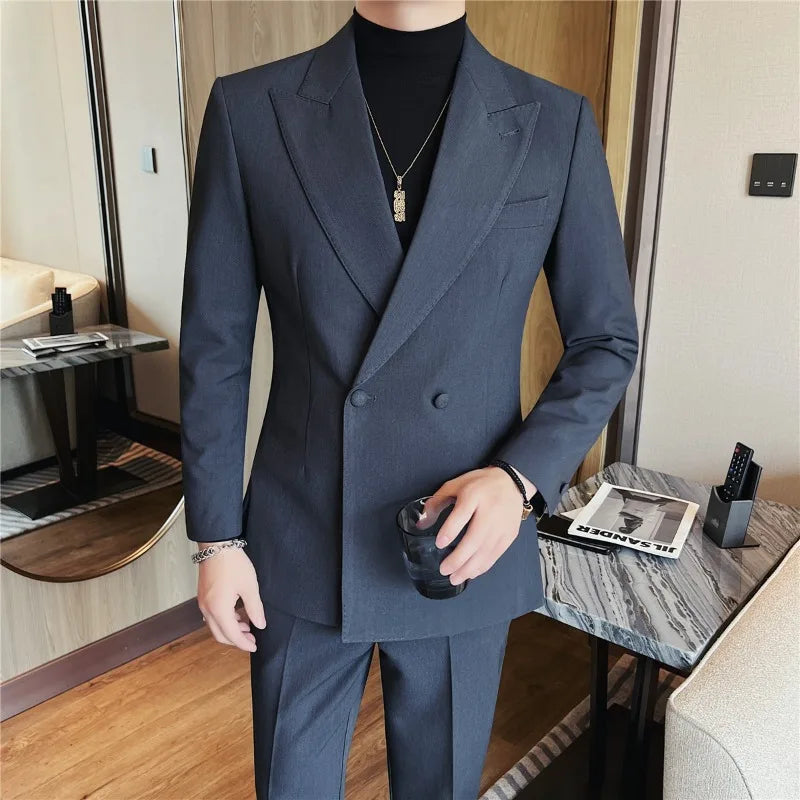 2026 Autumn Double Breasted Men's Slim Fit Business Blazers High-quality Casual Suit Jacket Groom's Wedding Suit Men Clothing