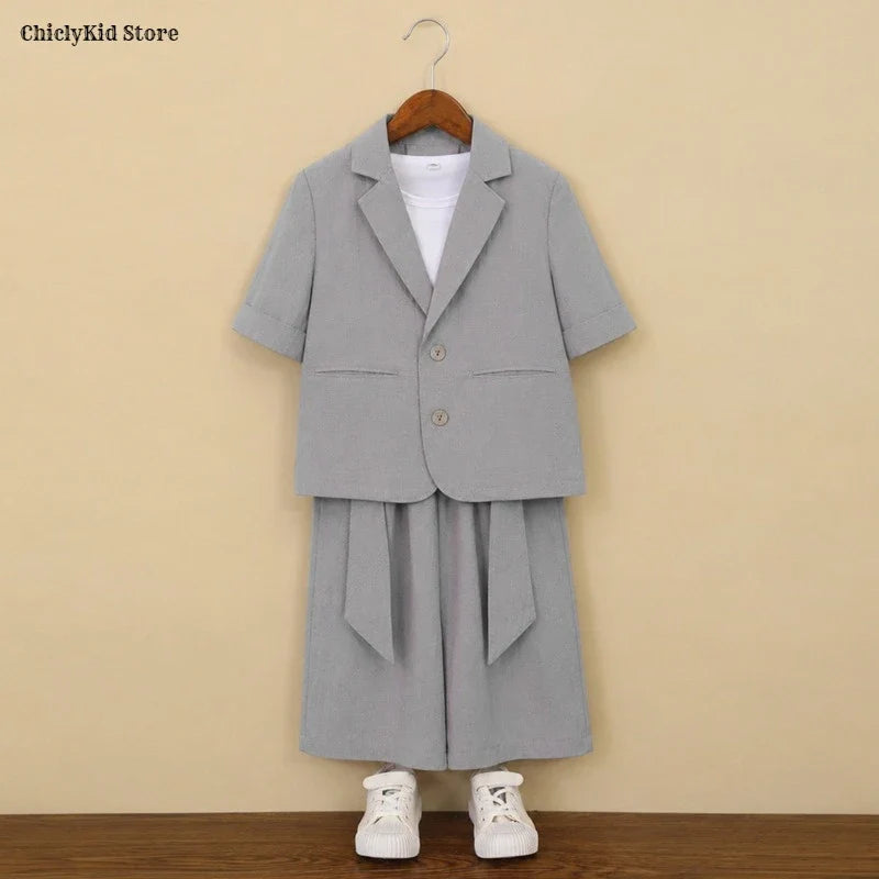 Boys Solid Short Sleeves Blazer Jack Vest Pants Children Suit Waistcoat Wedding Clothes Sets Toddler Formal Dress Kids Tuxedos
