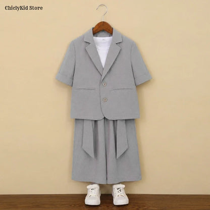 Boys Solid Short Sleeves Blazer Jack Vest Pants Children Suit Waistcoat Wedding Clothes Sets Toddler Formal Dress Kids Tuxedos