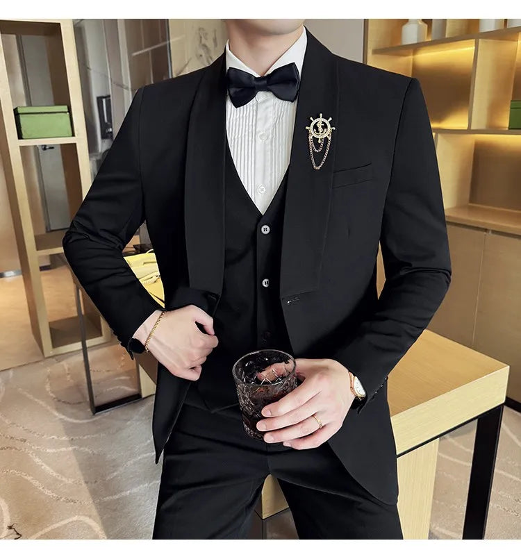 High Quality Casual Business Suit Set Men Slim Fit Social Wedding Groom Formal Set 3 Piece Set (jacket+vest+pant）men Clothing