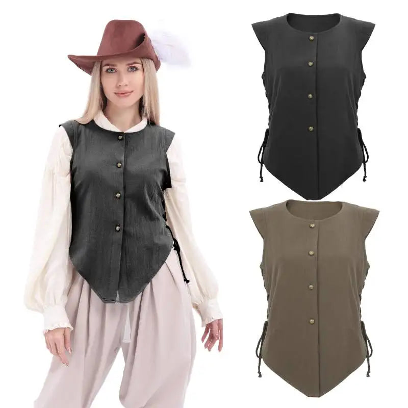 Women Pirate Vest Medieval Costumes Adult Halloween Renaissance Vest Black Bard Vest Top Bodice