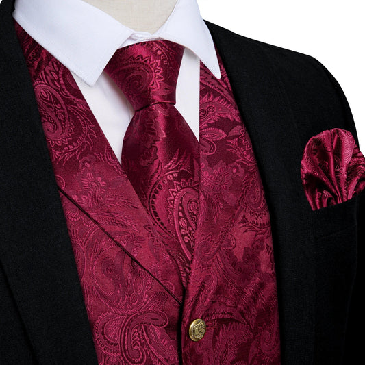 Men's Paisley Suit Vest – Single-Breasted Waistcoat with Tie, Handkerchief & Cufflinks for Weddings & Banquets